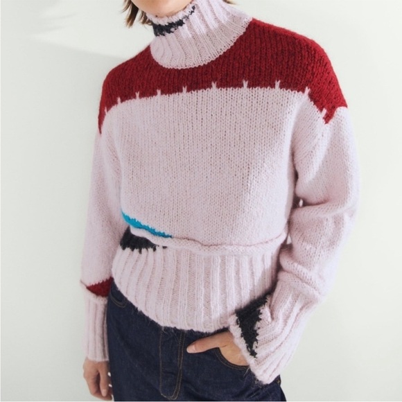Zara Boxy Cropped Colorblock Chunky Knit Wool Blend Sweater Size Medium western - Picture 3 of 15